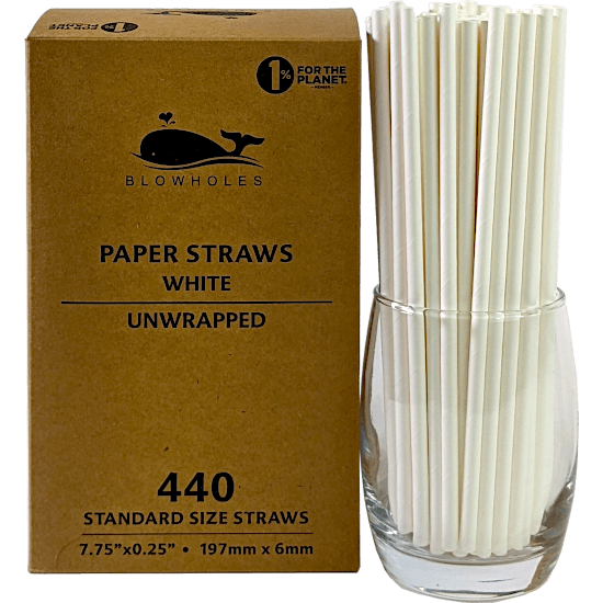 White 7.75 Standard Paper Straws, Wrapped, Box of 250 – Blowholes